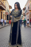 Velvet Simply Elegant Wide Sleeve Thoub Blue Embroidered Palestinian Thobe