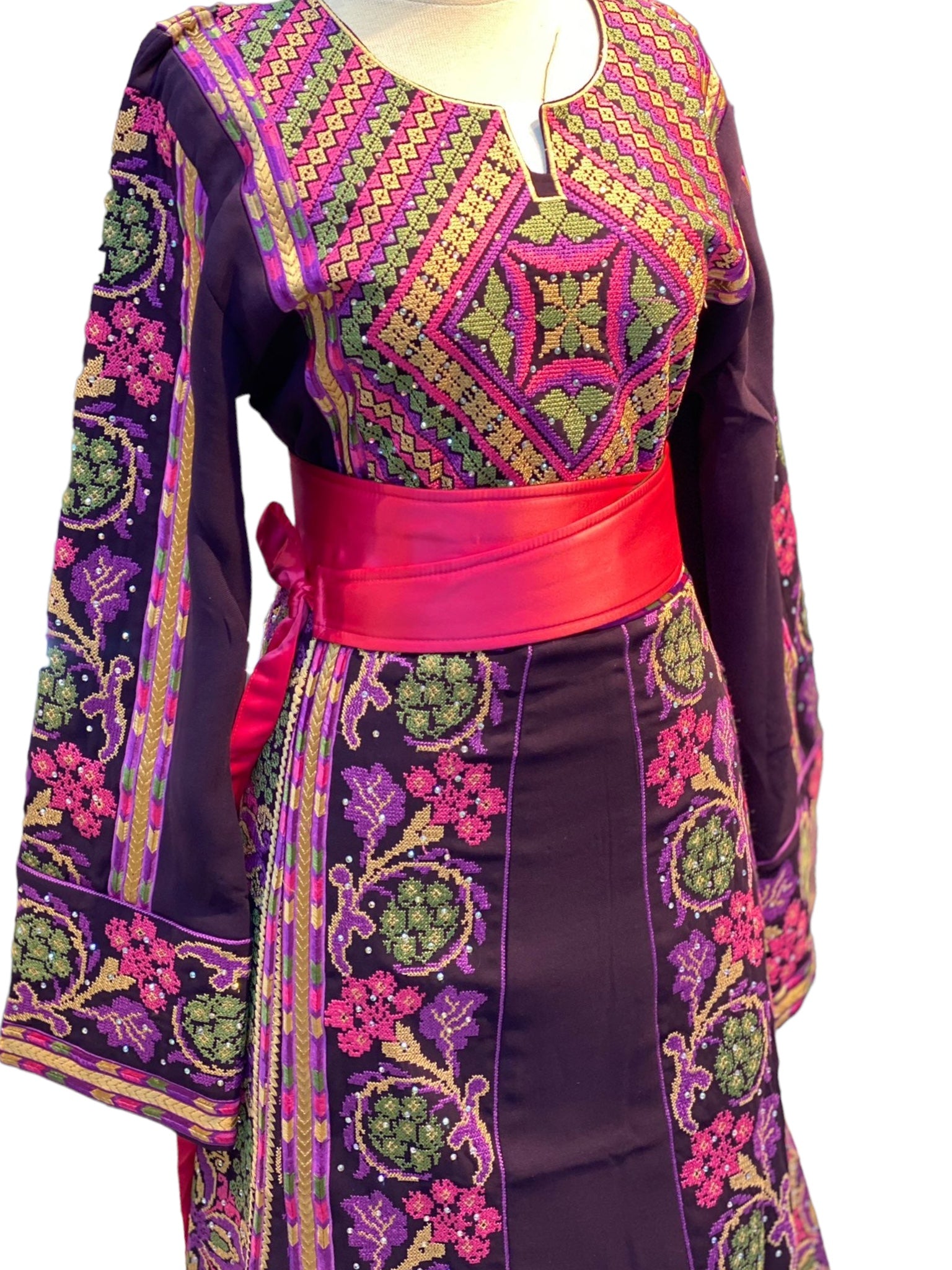 Purple Color Mutli Embroidered Palestinian Fellahi Thobe With Kashmir belt