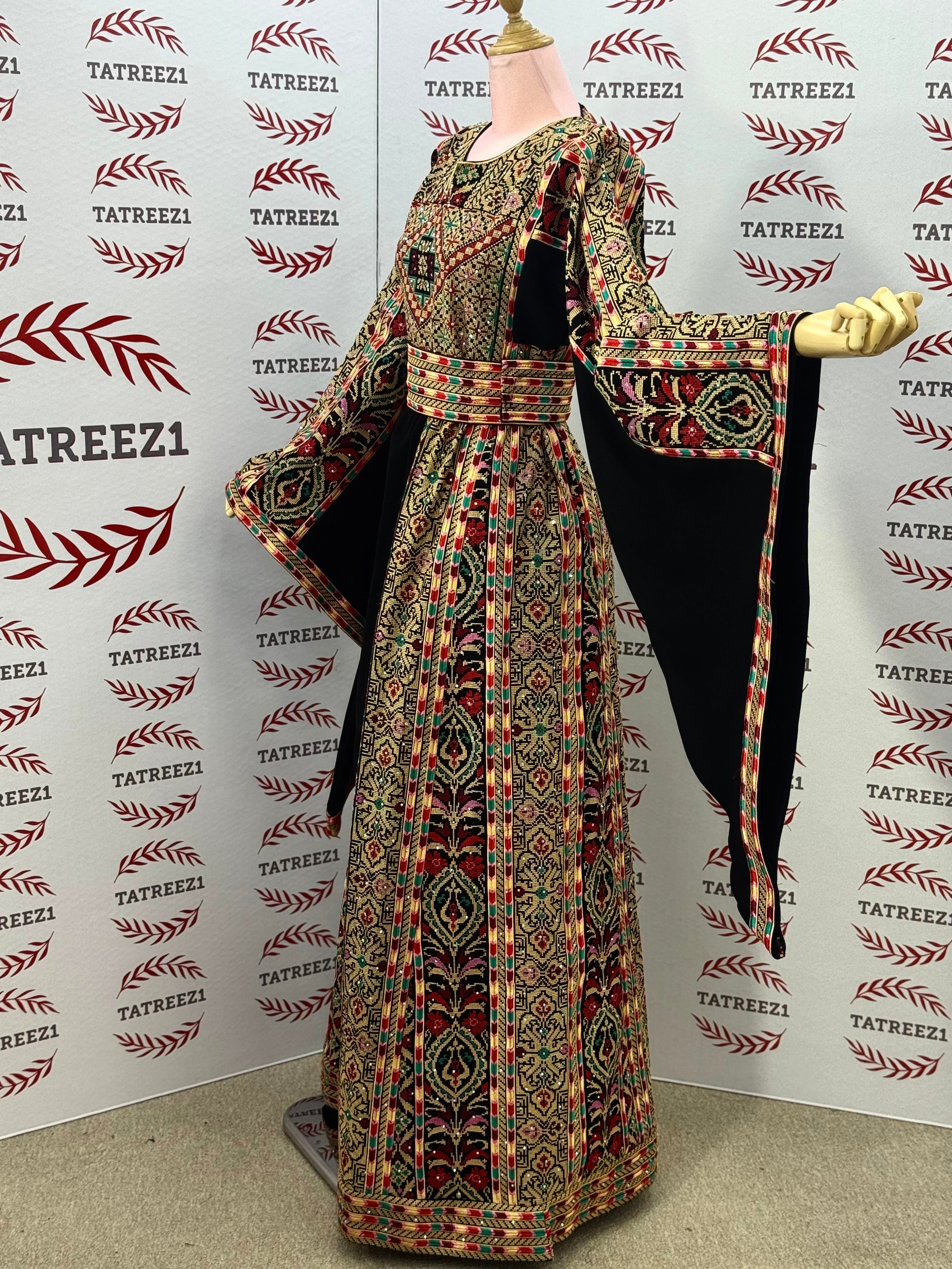Gold-toned embroidered Palestinian thobe Thobe with Matching Embroidered Belt