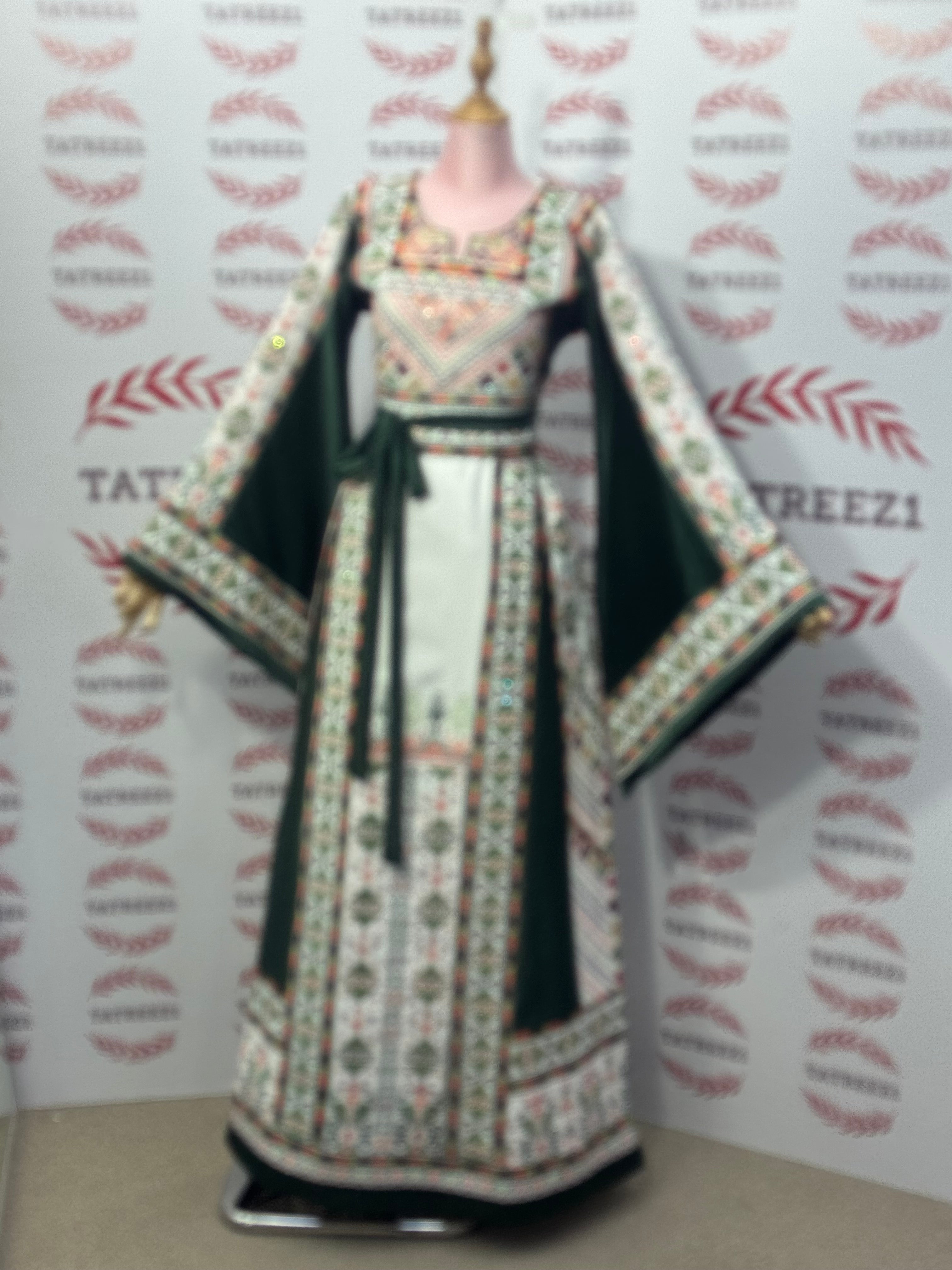 Green Embroidery Traditional Palestinian Thobe Machine Made