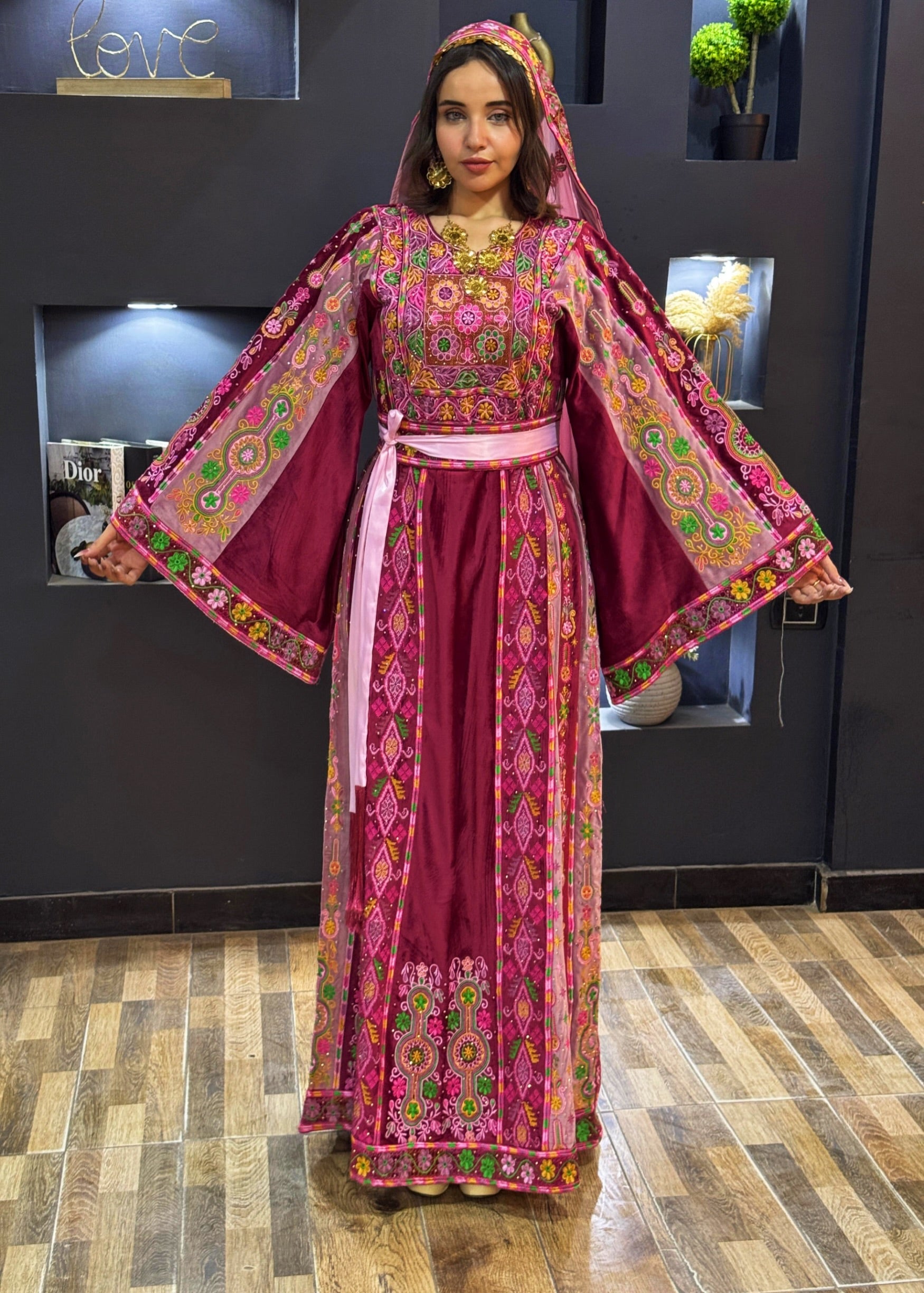Magenta Malacca silk Velvet Material Stone Embroidery Thoub With Matching Headpiece and reversible belt