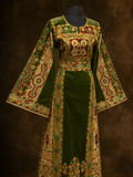 Qasab Green Malacca Silk German Velvet Thoub with Embroidery with Matching Headpiece
