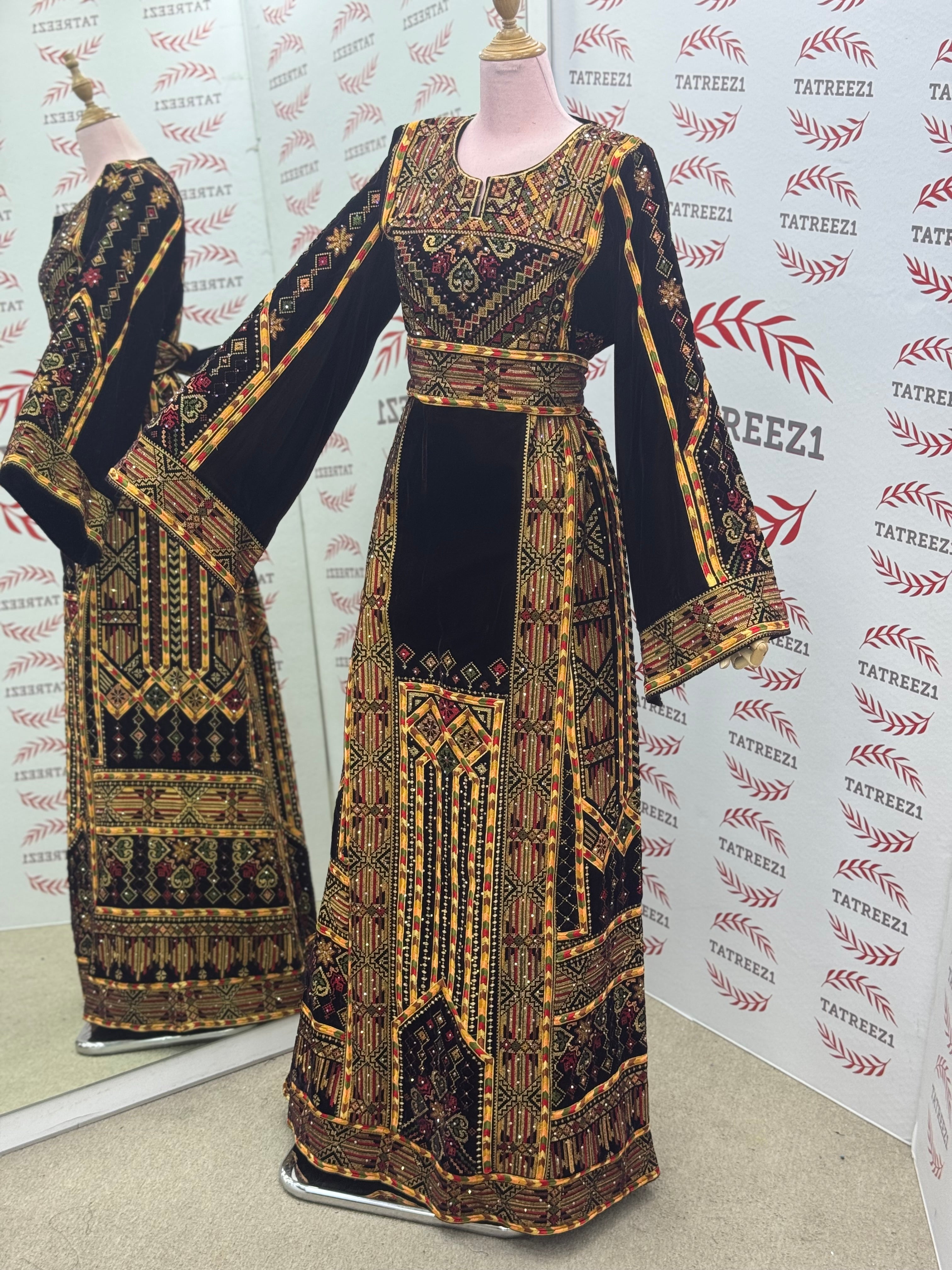 Golden Embroidery Silk Dark Brown Velvet Stone Thobe