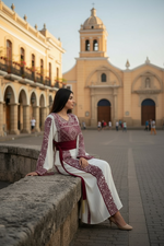 Load image into Gallery viewer, Wide Sleeve Thoub Red Embroidered Palestinian Thobe With Satin Belt
