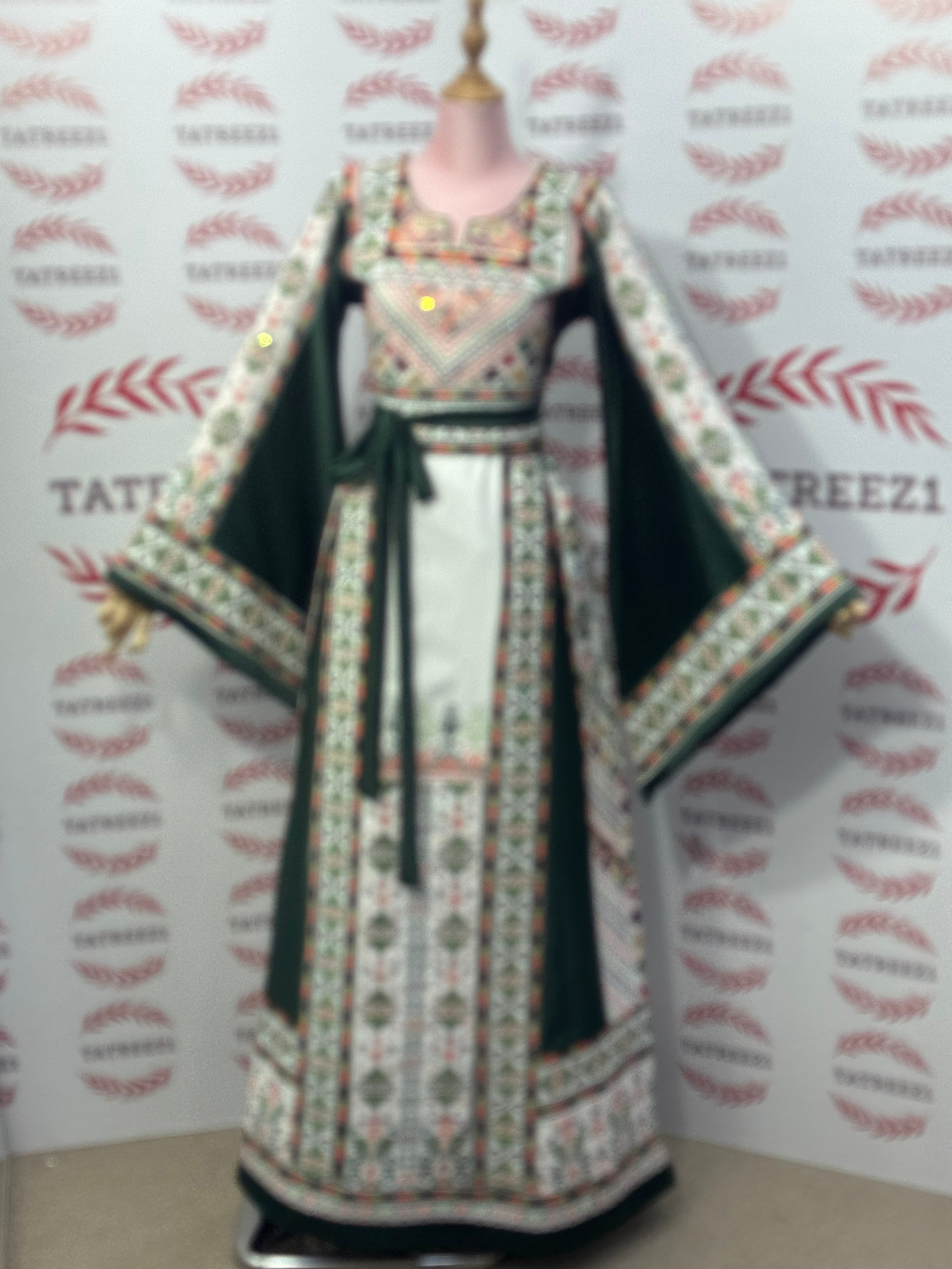Green Embroidery Traditional Palestinian Thobe Machine Made