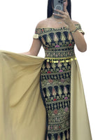 Load image into Gallery viewer, Black/ Gold  Dress Off Shoulder Embroidered long Overskirt
