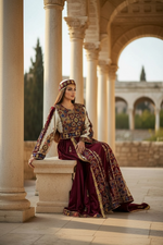 Load image into Gallery viewer, Maroon Malacca Silk Velvet Thoub with Stone Embroidery and Overskirt
