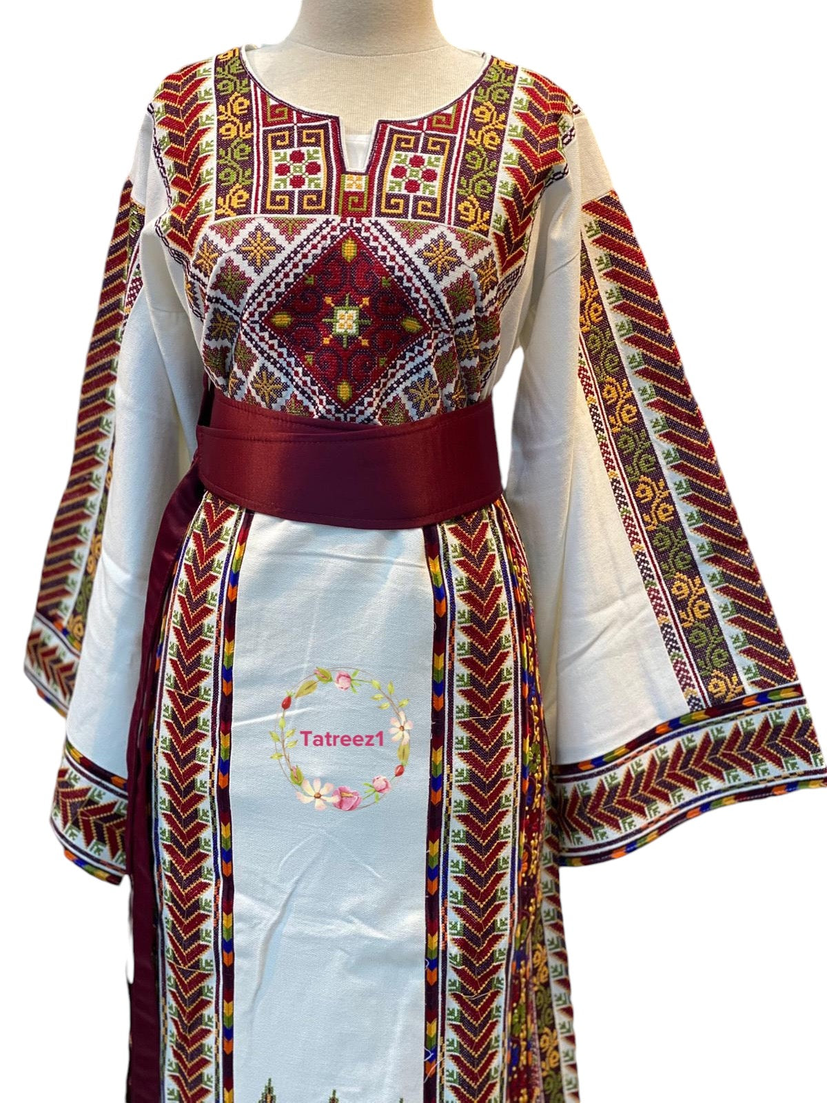 Etameen Red Embroidered Palestinian Fellahi Thobe With Kashmir belt