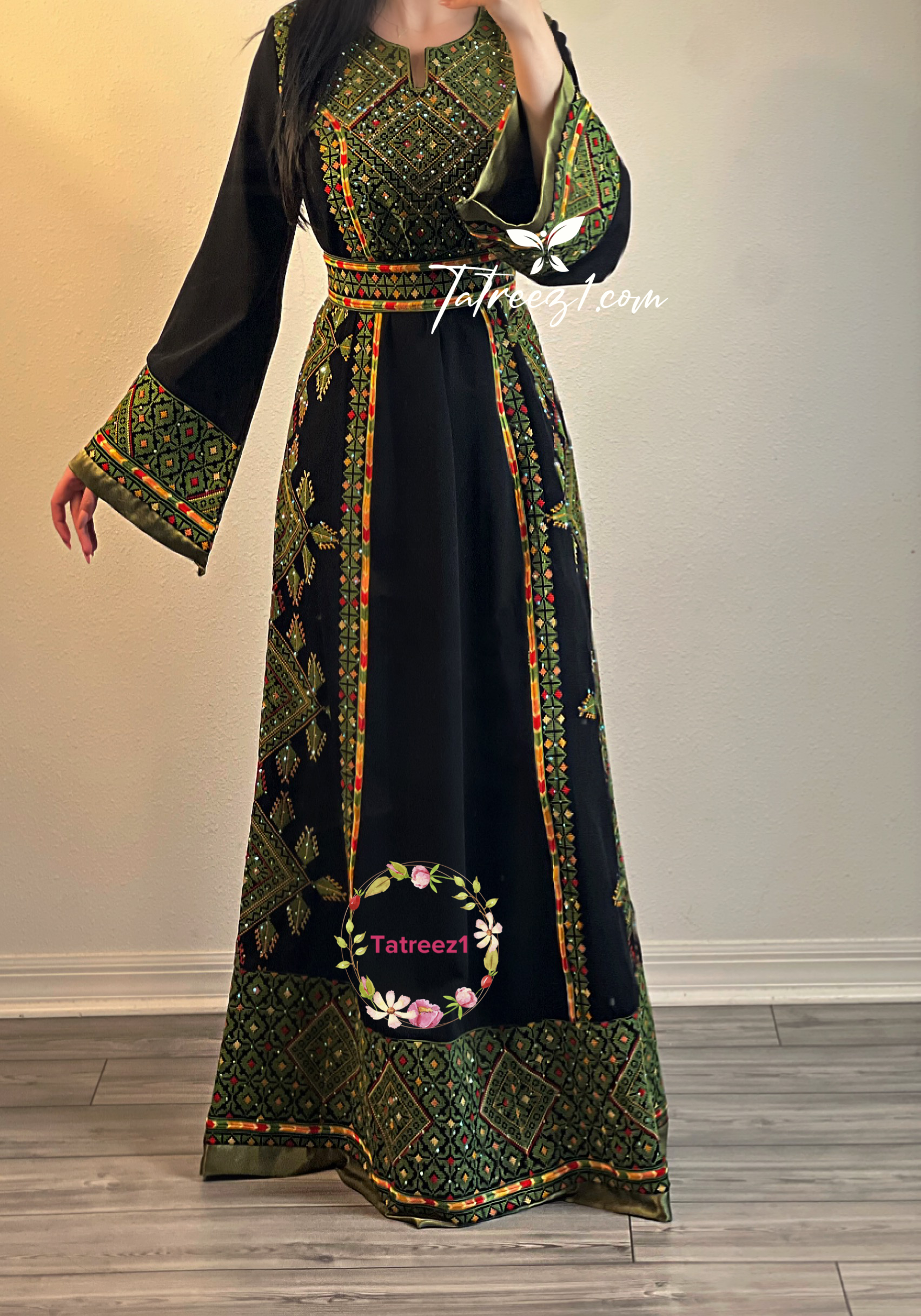 Black/Green Embroidery Embroidered Palestinian Thobe With Embroidery belt