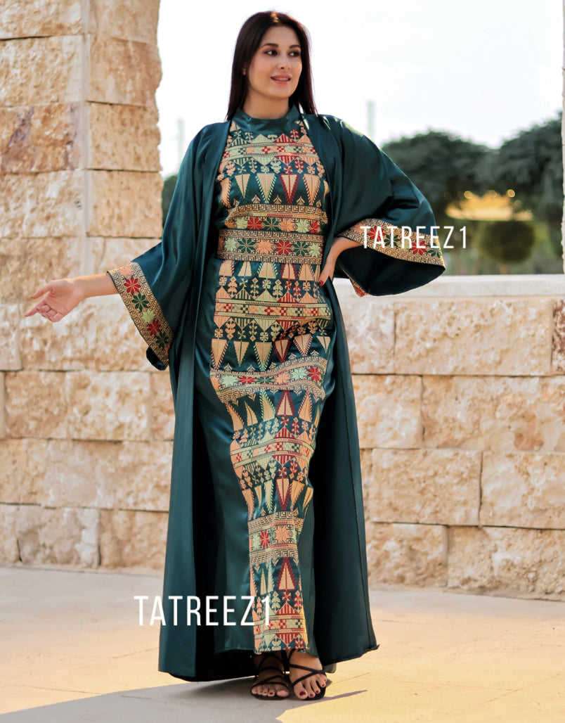 Green 3 pieces  Embroidery Bisht tatreez With Matching Dress