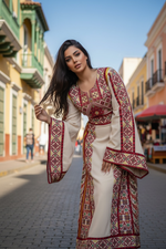 Charger l'image dans la galerie, Red Embroidered Palestinian Thobe with Wide Sleeves and Belt

