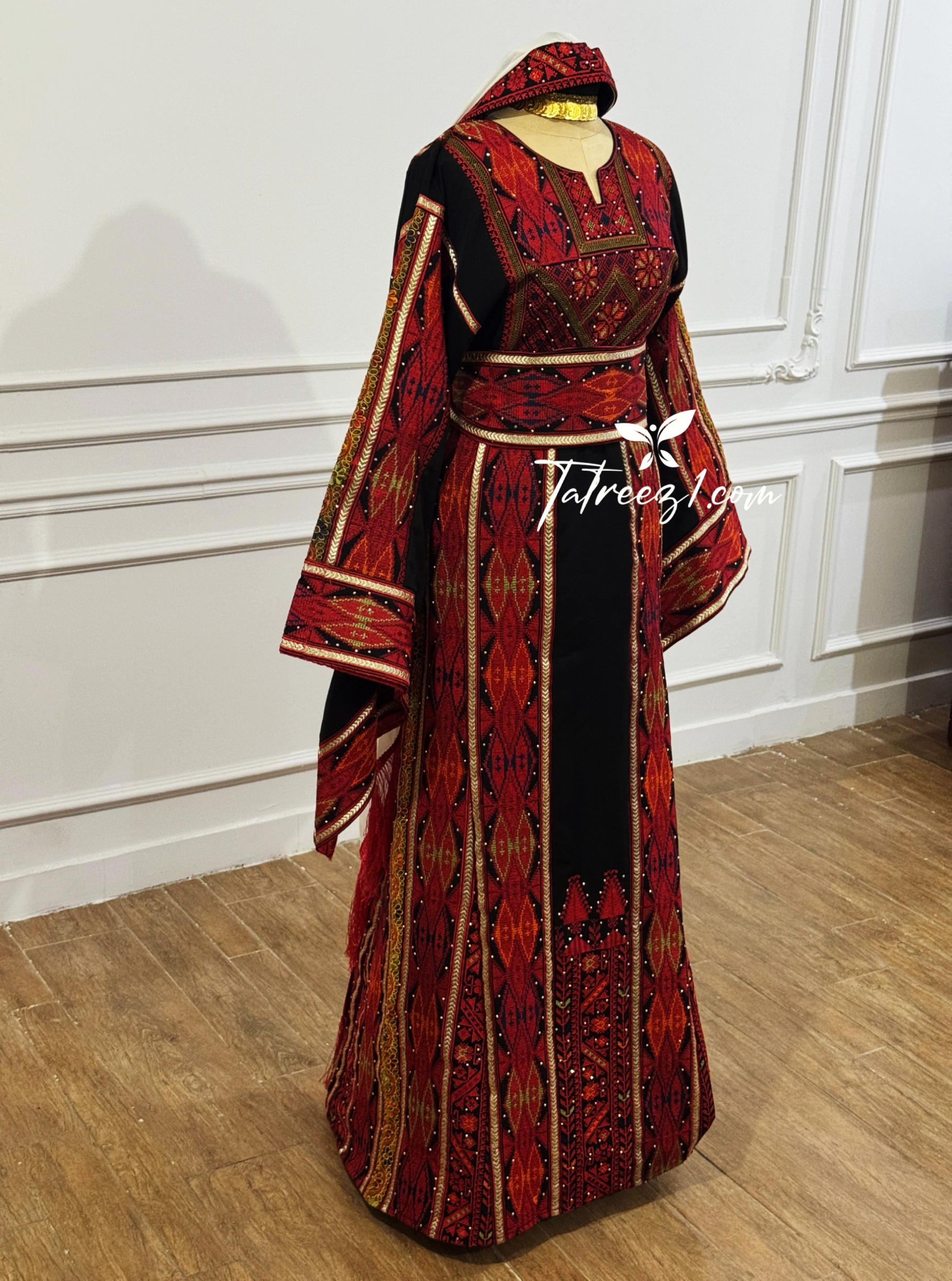 Red & Black Embroidery Traditional Palestinian Thobe Machine Made with Matching Head Scarf