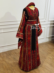 Red & Black Embroidery Traditional Palestinian Thobe Machine Made with Matching Head Scarf
