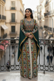 Green Floral Embroidered Palestinian Beige Thobe with Wide Sleeve