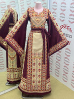 Load image into Gallery viewer, Beige Color thoub Maroon Embroidered Palestinian Fellahi Thobe With Belt
