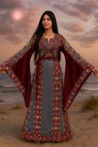 Stunning Gray Long Sleeve Embroidered Palestinian Thobe
