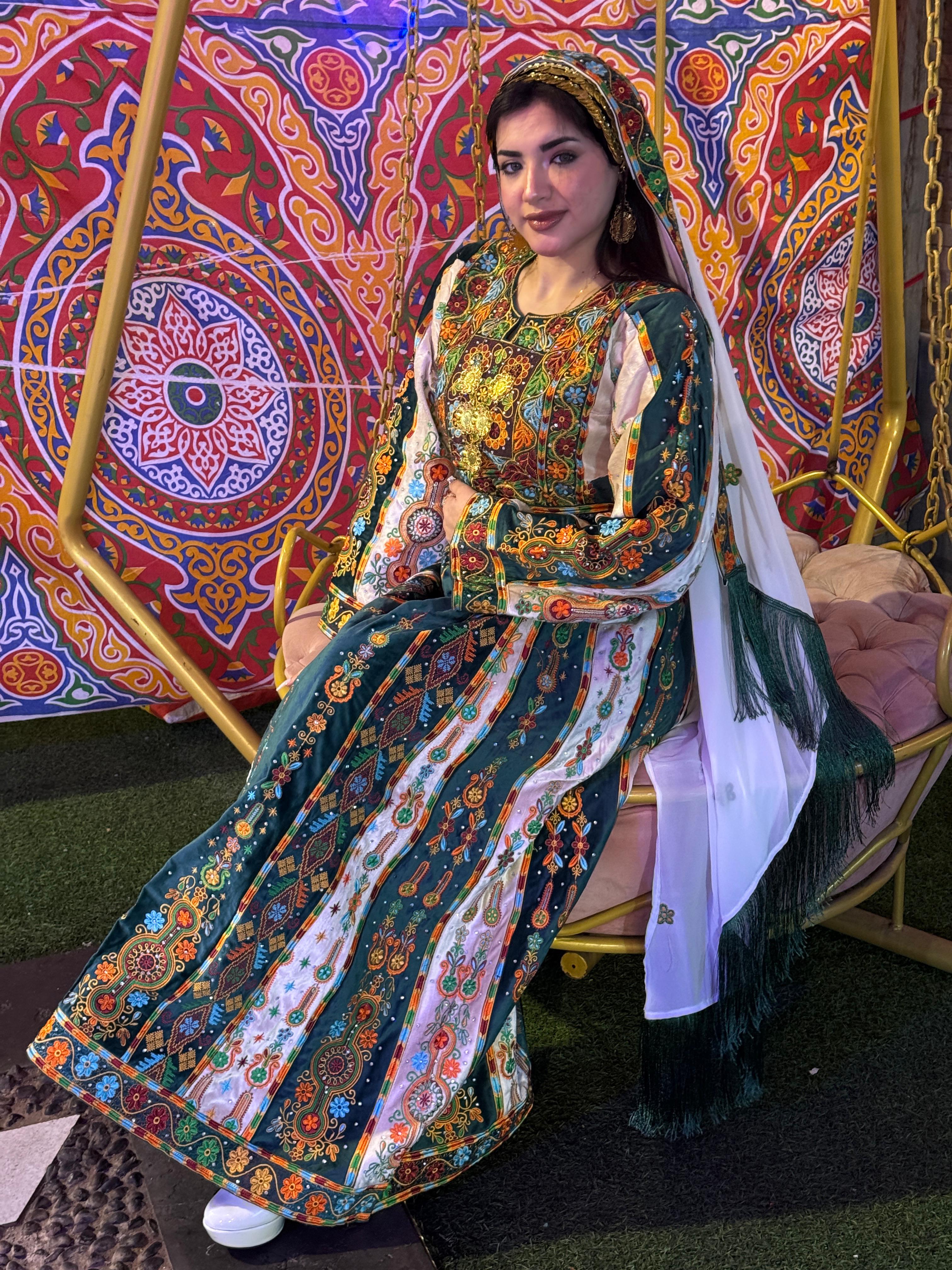 Malacca Velvet Material Green Stone Embroidery Thoub With Matching Headpiece