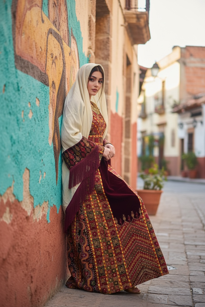 Maroon Velvet Palastine Thoub & Matching Headpiece