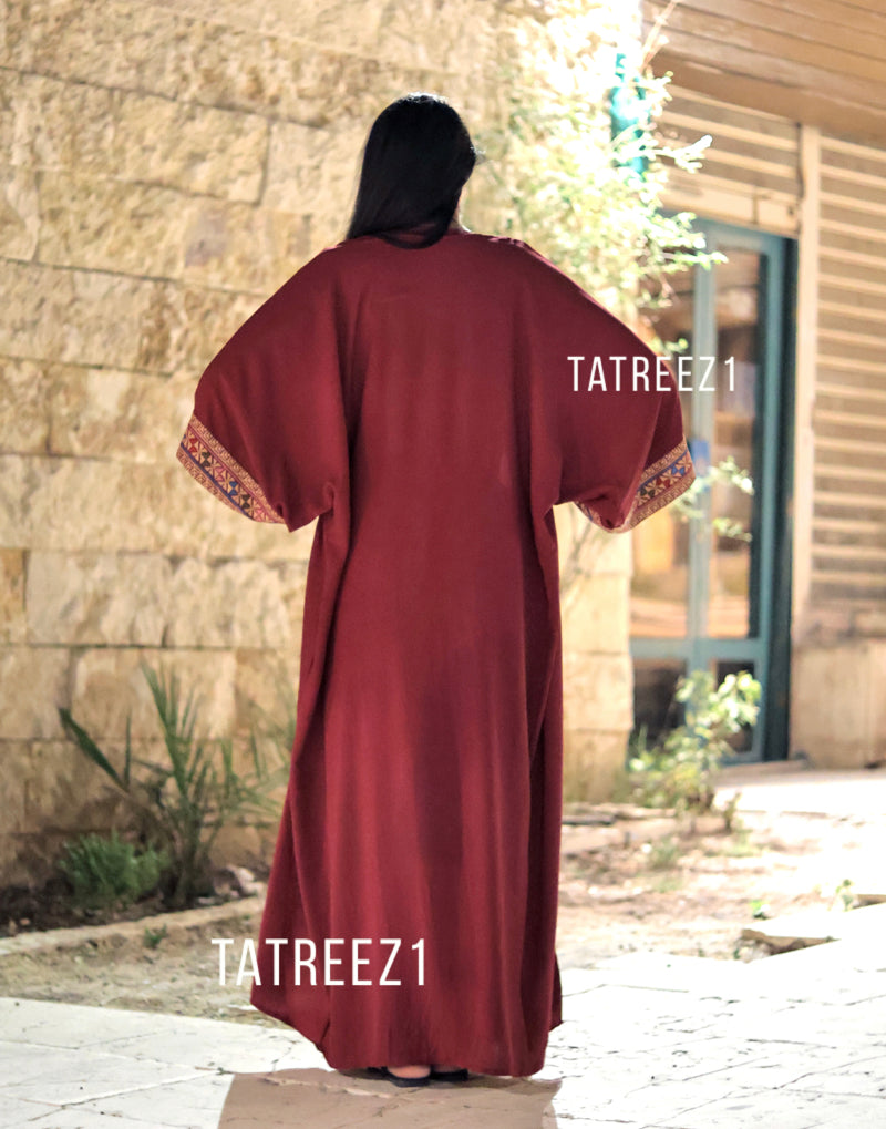 Maroon 3 Pieces Embroidery Bisht tatreez With Matching Dress