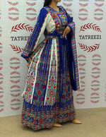 Load image into Gallery viewer, Blue Embroidered Palestinian Thobe with Wide Sleeves and Belt
