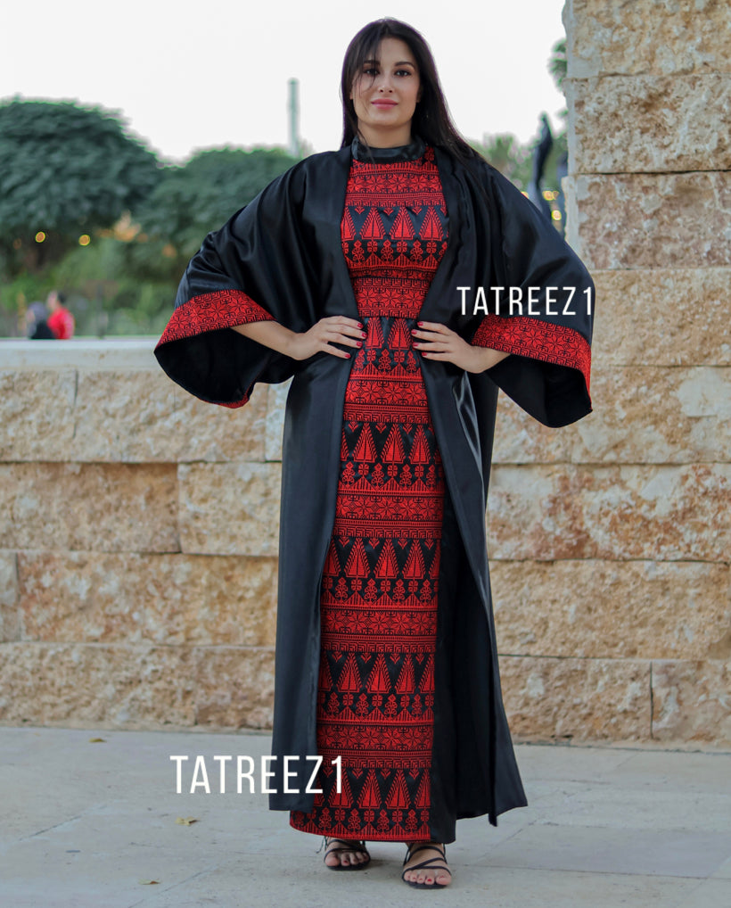 Black 3 pieces  Red Embroidery Bisht tatreez With Matching Dress