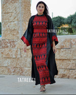 Load image into Gallery viewer, Black 3 pieces  Red Embroidery Bisht tatreez With Matching Dress
