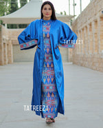 Load image into Gallery viewer, Blue 3 Pieces Embroidery Bisht tatreez With Matching Dress
