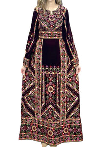 The Luxury Dark Maroon Embroidery Elegant Velvet Palestinian Thoub