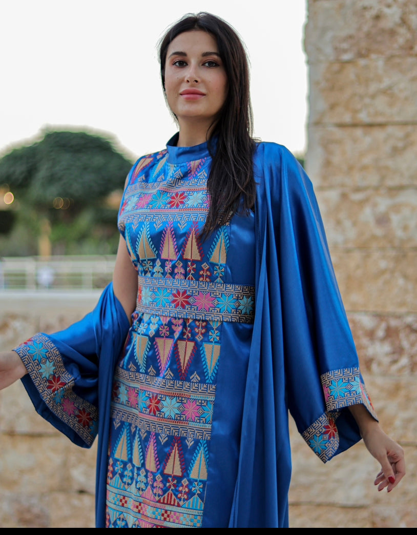 Blue 3 Pieces Embroidery Bisht tatreez With Matching Dress