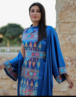 Load image into Gallery viewer, Blue 3 Pieces Embroidery Bisht tatreez With Matching Dress
