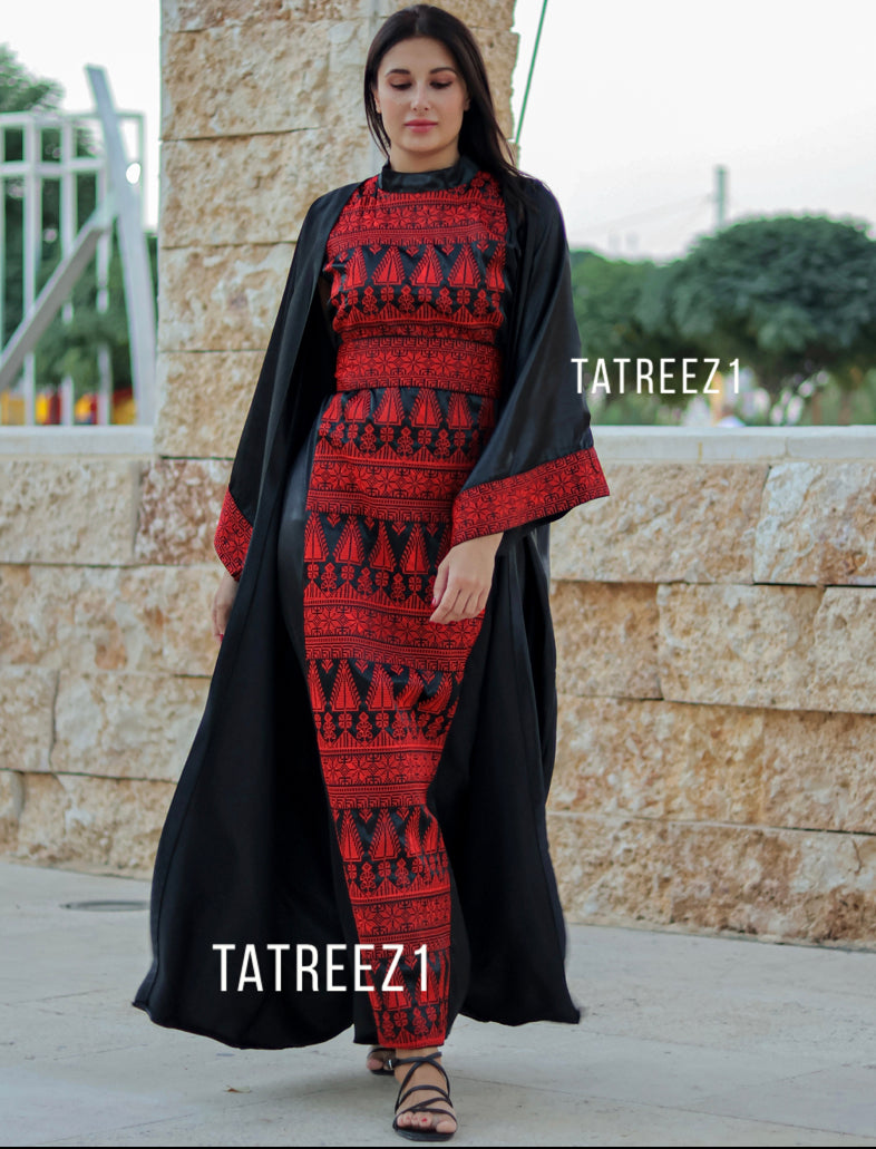 Black 3 pieces  Red Embroidery Bisht tatreez With Matching Dress