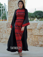 Load image into Gallery viewer, Black 3 pieces  Red Embroidery Bisht tatreez With Matching Dress
