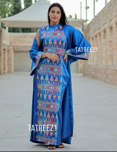 Blue 3 Pieces Embroidery Bisht tatreez With Matching Dress