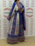 Blue Embroidered Palestinian Thobe with Wide Sleeves and Belt