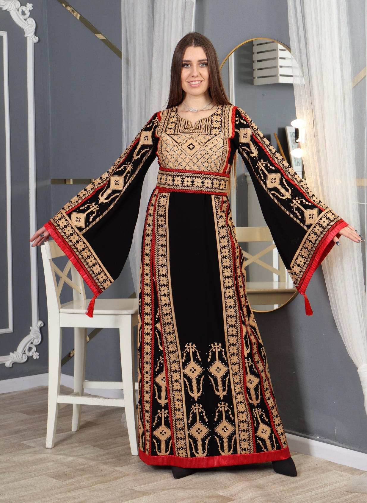 Goldish Embroidery Thoub  Wide Sleeve Elegant with Reversible Belt