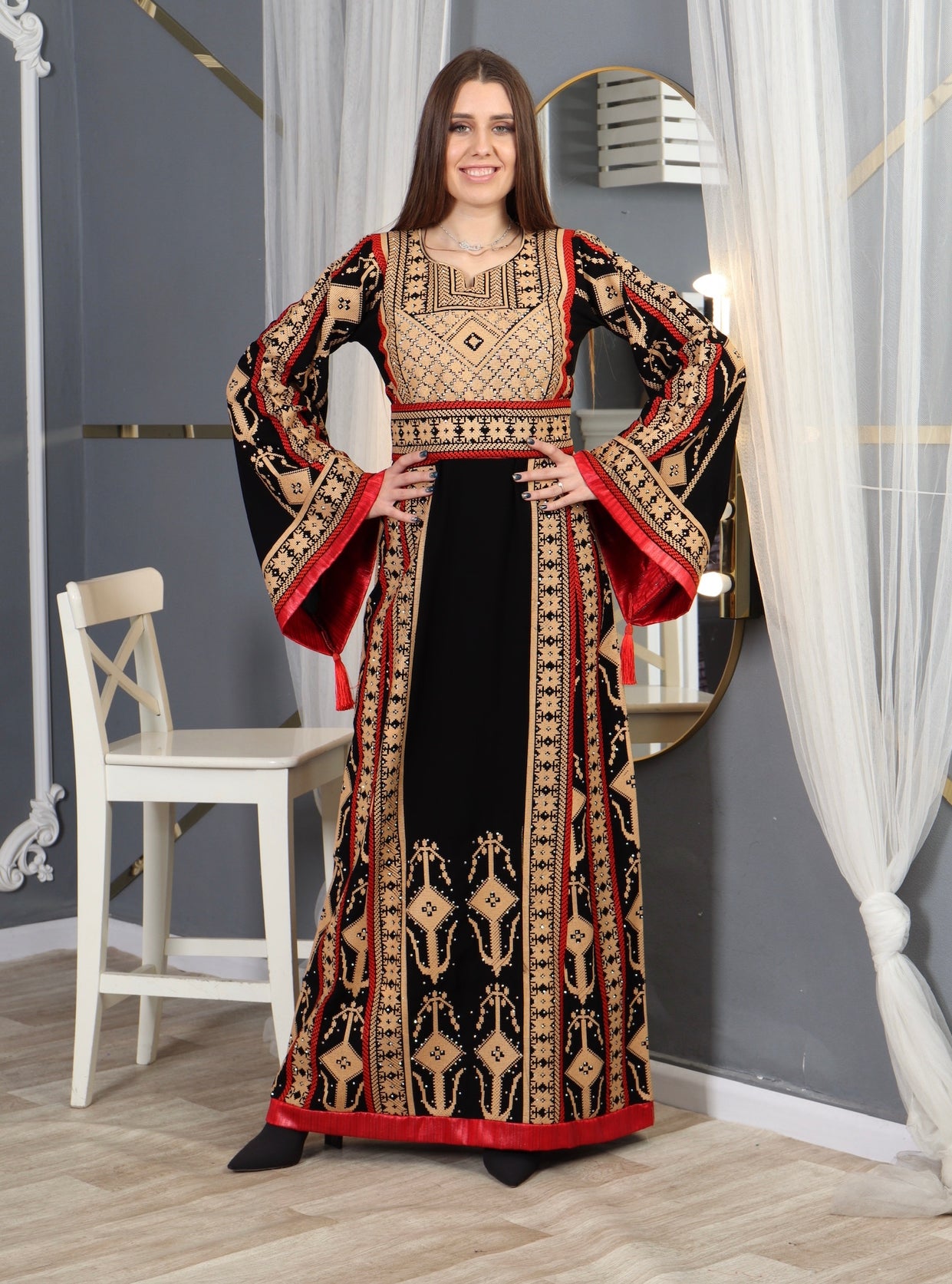 Goldish Embroidery Thoub  Wide Sleeve Elegant with Reversible Belt