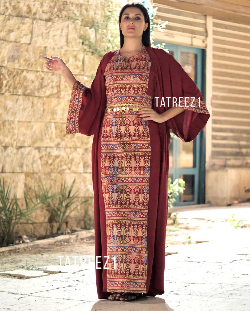 Maroon 3 Pieces Embroidery Bisht tatreez With Matching Dress