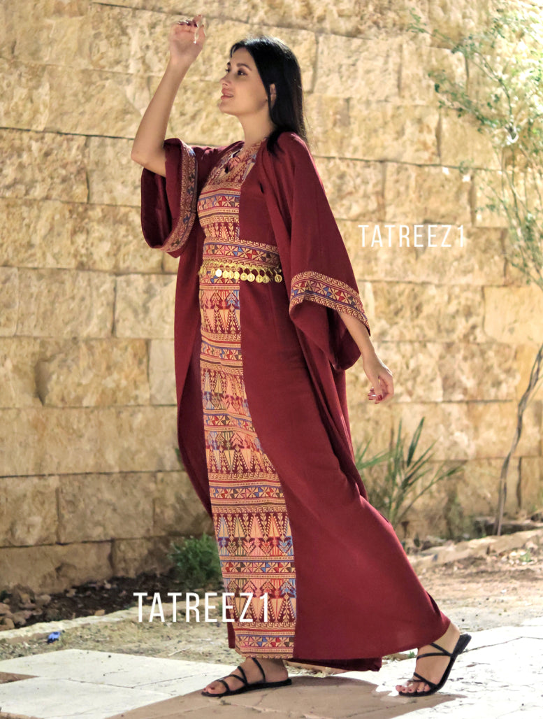 Maroon 3 Pieces Embroidery Bisht tatreez With Matching Dress