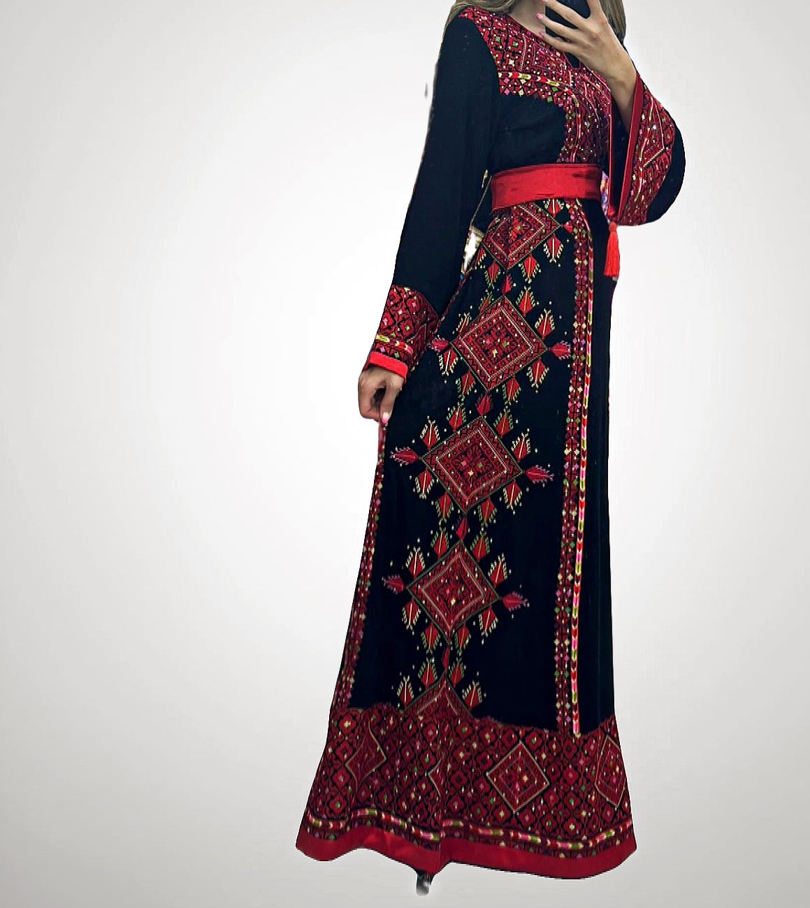 Black/Red Palstainen Embroidery Traditional Long Thoub