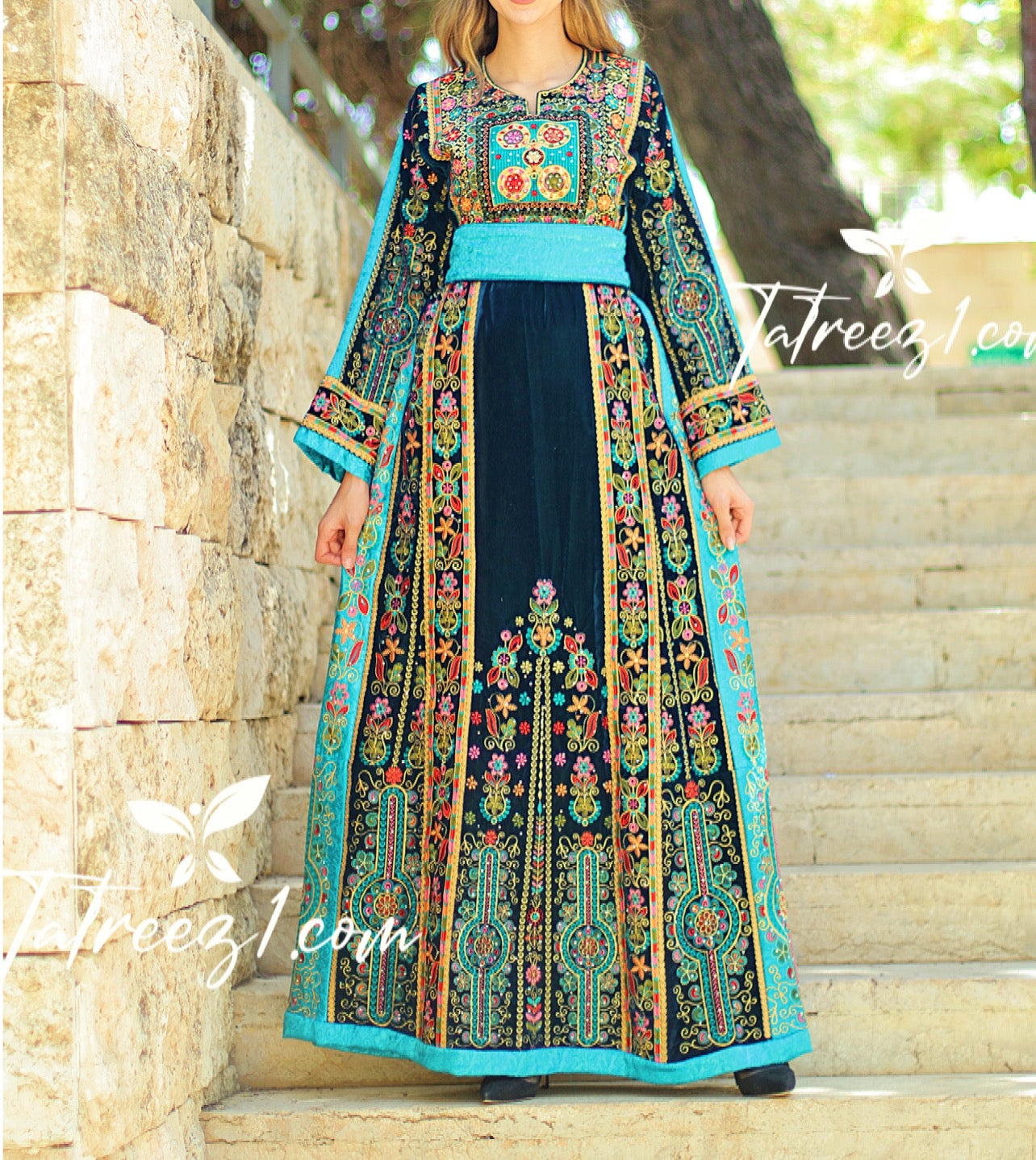 Turquoise Velvet Malacca Embroidered Palestinian Fellahi Thobe