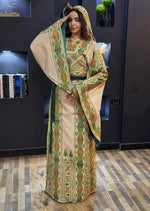 Load image into Gallery viewer, Green Embroidery Traditional Palestinian Beige Thobe Machine Made with Matching Head Scarf
