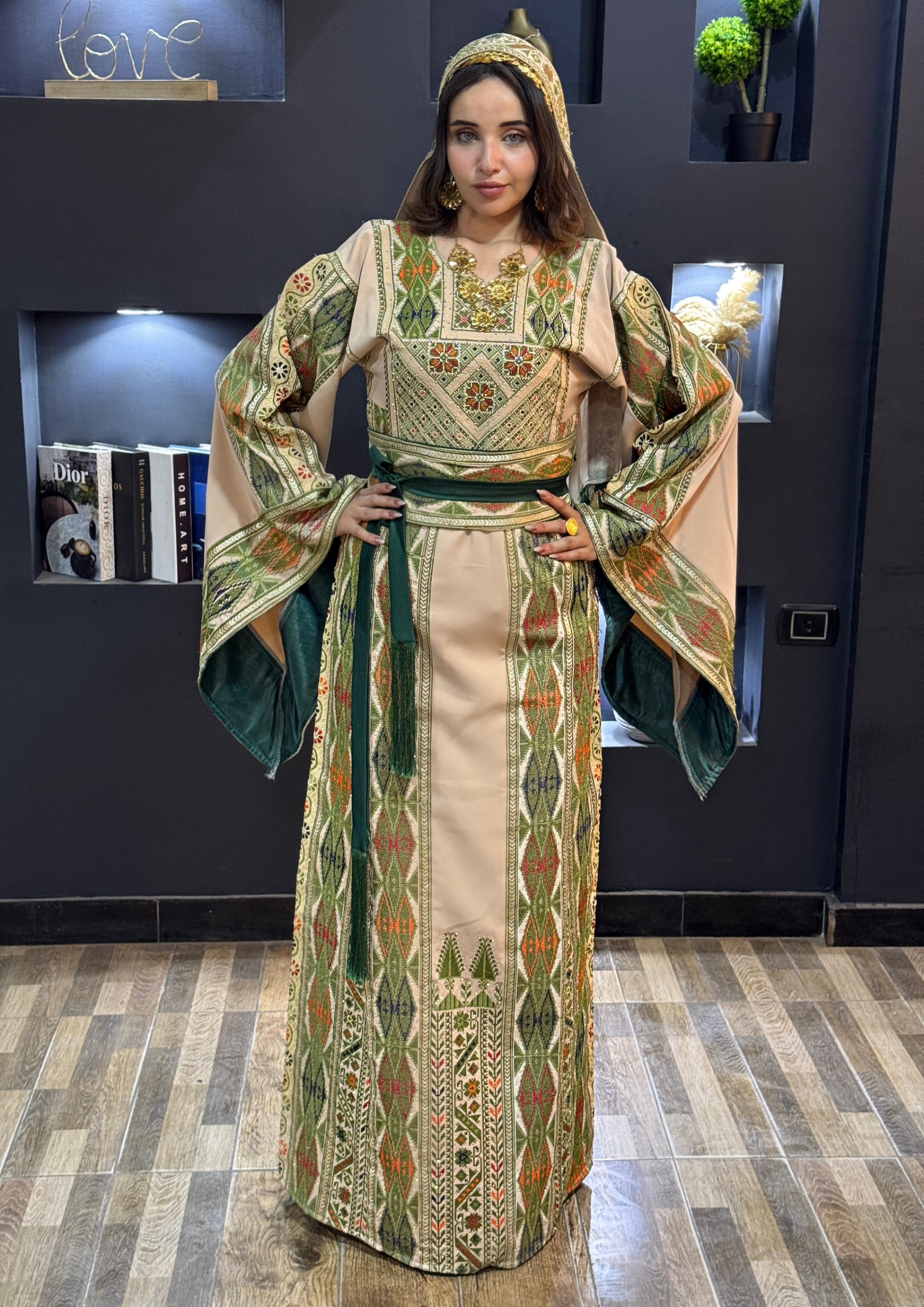 Green Embroidery Traditional Palestinian Beige Thobe Machine Made with Matching Head Scarf