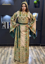 Load image into Gallery viewer, Green Embroidery Traditional Palestinian Beige Thobe Machine Made with Matching Head Scarf

