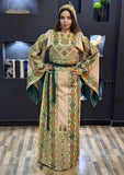 Green Embroidery Traditional Palestinian Beige Thobe Machine Made with Matching Head Scarf