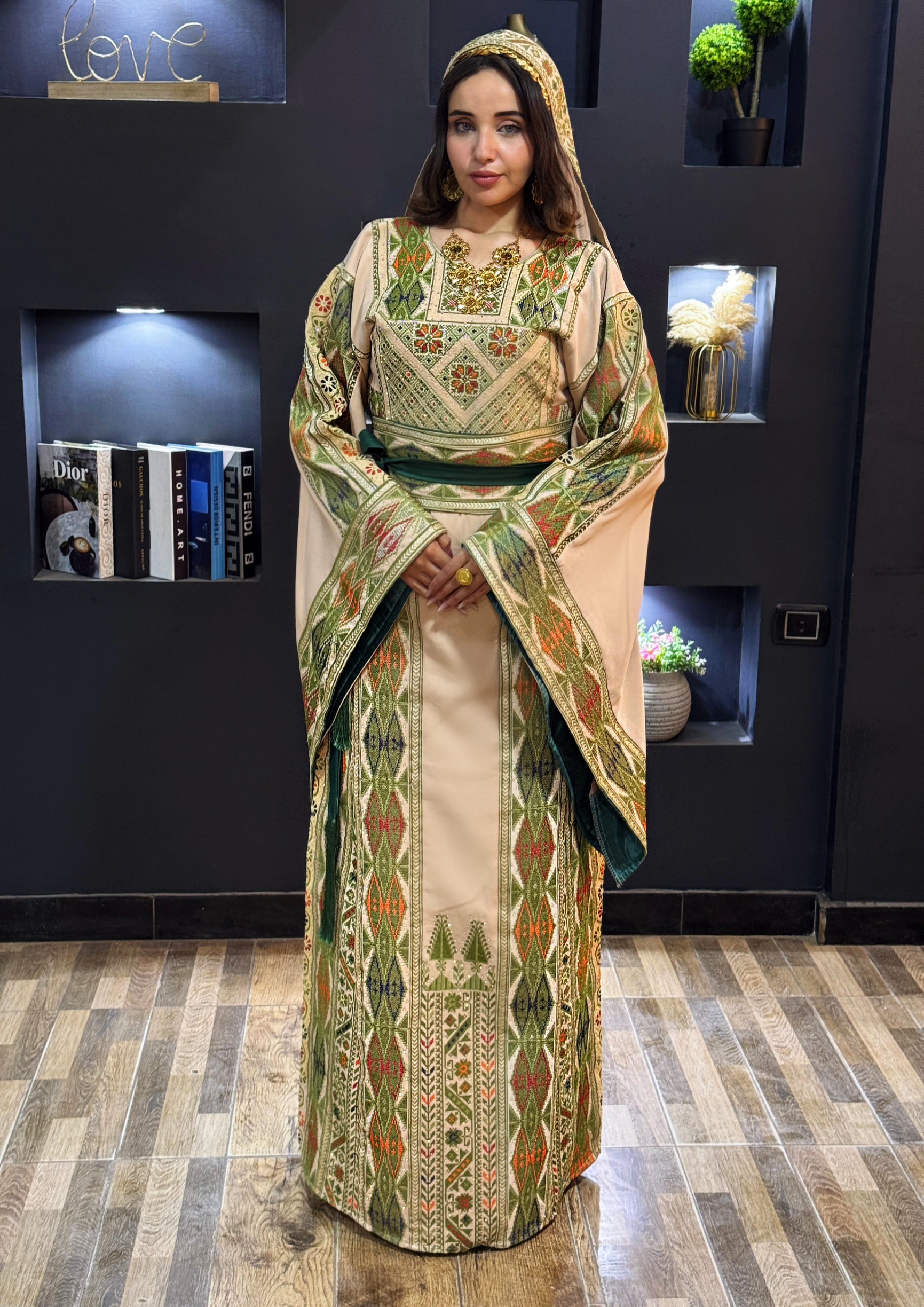 Green Embroidery Traditional Palestinian Beige Thobe Machine Made with Matching Head Scarf