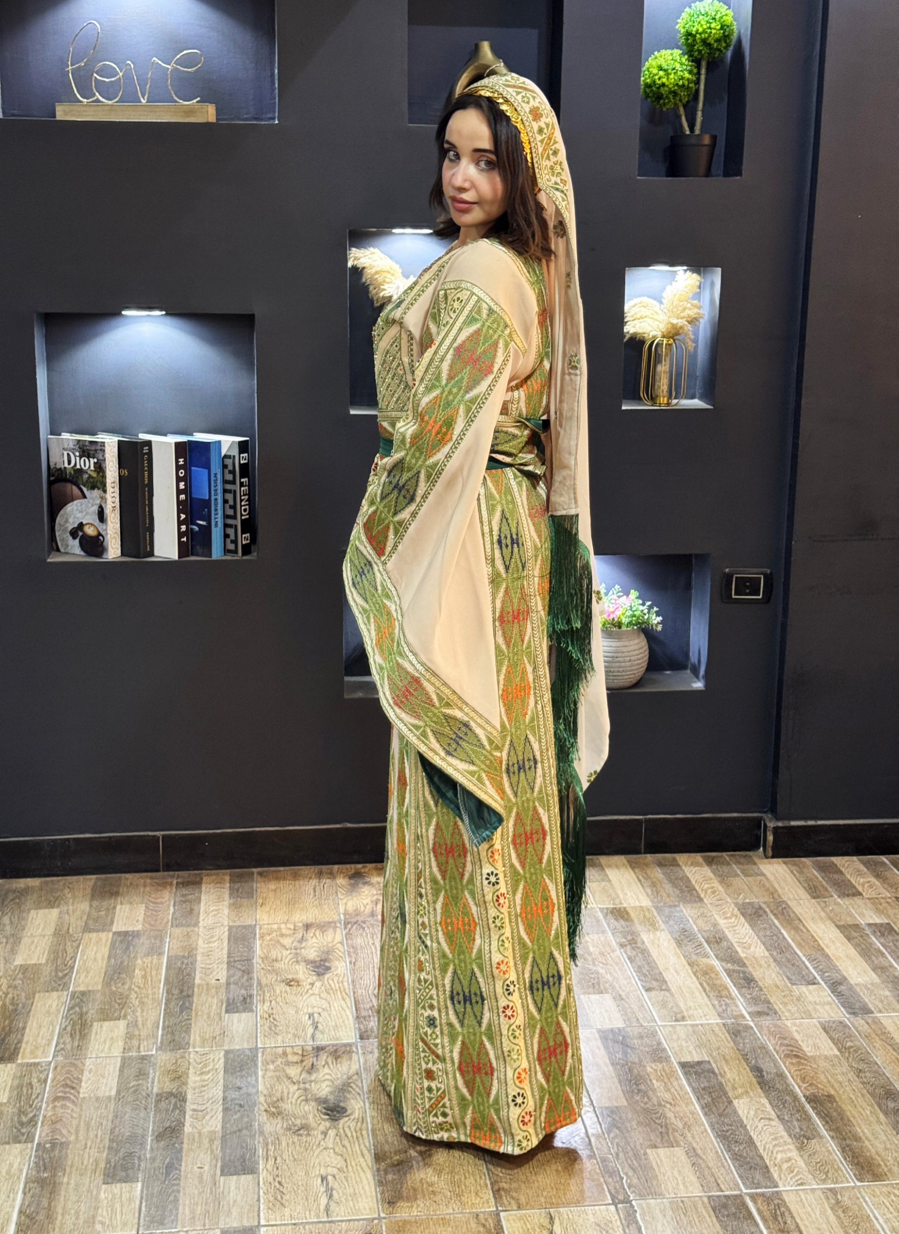Green Embroidery Traditional Palestinian Beige Thobe Machine Made with Matching Head Scarf