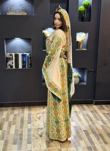 Green Embroidery Traditional Palestinian Beige Thobe Machine Made with Matching Head Scarf
