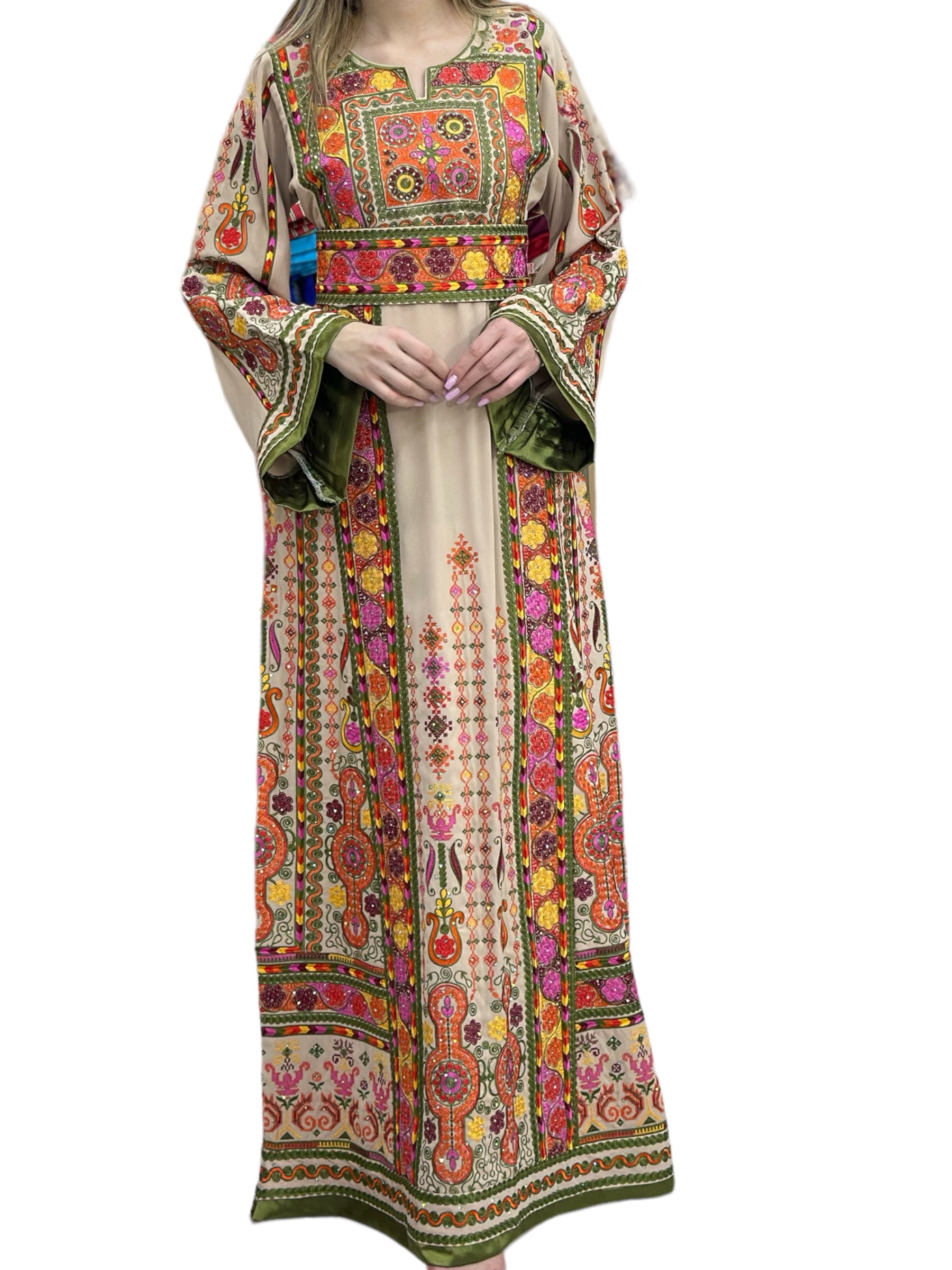 Beige Shade Embroidered Palestinian Thobe With Reversible Belt