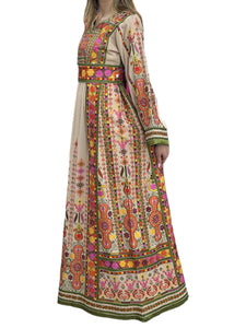 Beige Shade Embroidered Palestinian Thobe With Reversible Belt