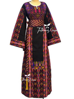 Load image into Gallery viewer, Black Etameen Purple Embroidered Palestinian Fellahi Thobe With Kashmir belt
